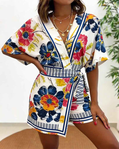 Elegant Floral Print Summer Romper with Adjustable Straps & Pockets