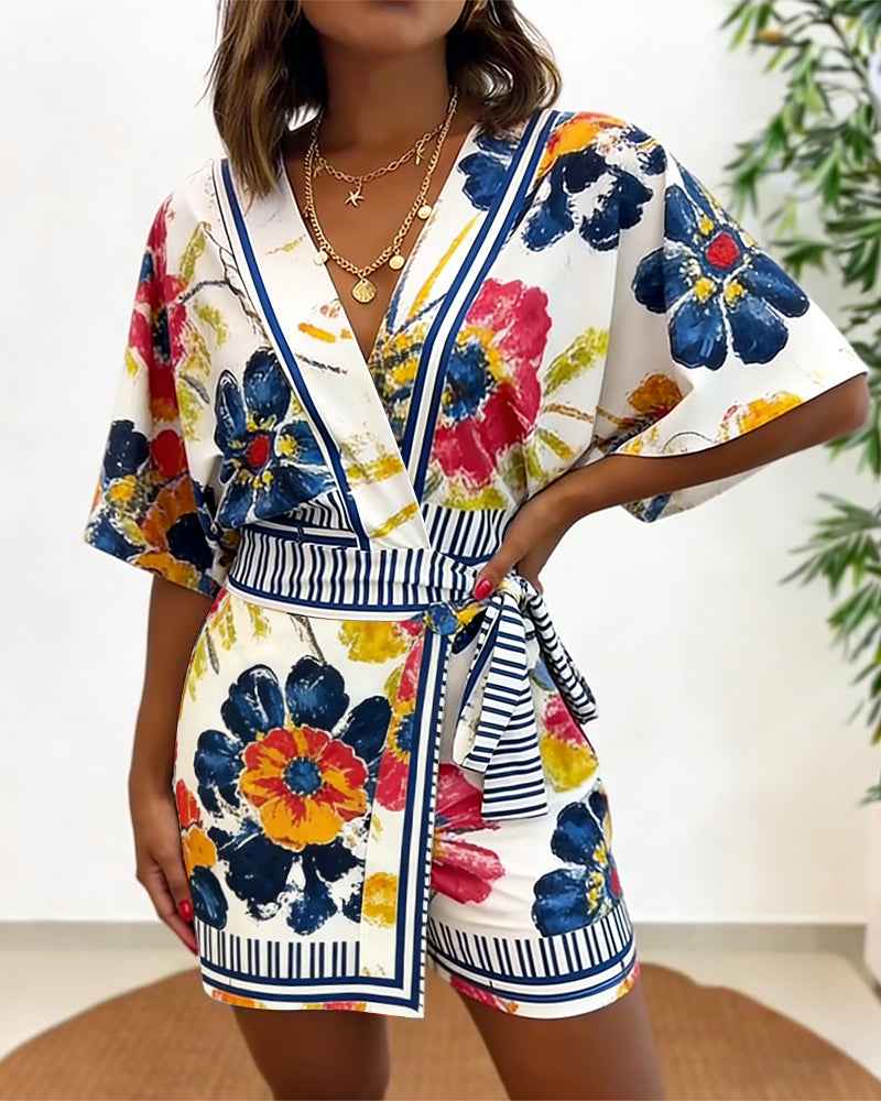 Elegant Floral Print Summer Romper with Adjustable Straps & Pockets