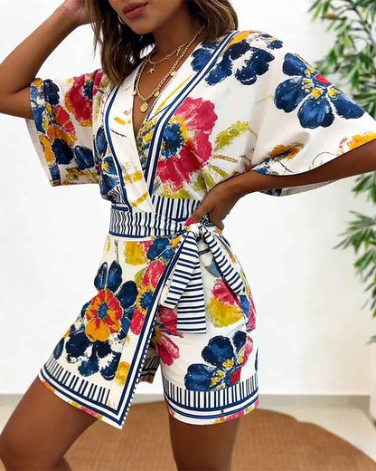 Elegant Floral Print Summer Romper with Adjustable Straps & Pockets
