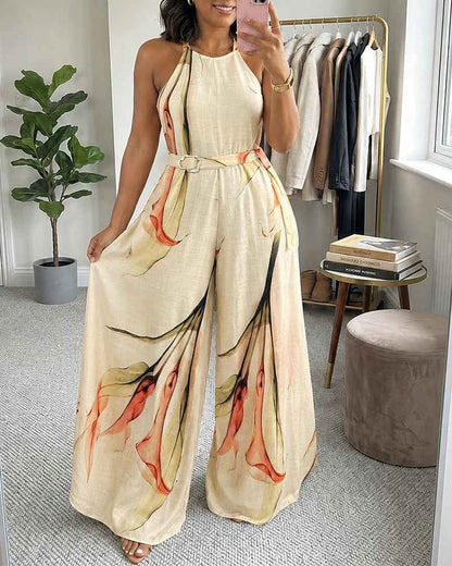 Elegant Floral Print Wide Leg Jumpsuit with Pockets & Adjustable Strap