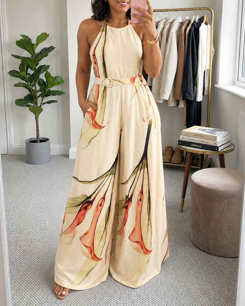 Elegant Floral Print Wide Leg Jumpsuit with Pockets & Adjustable Strap