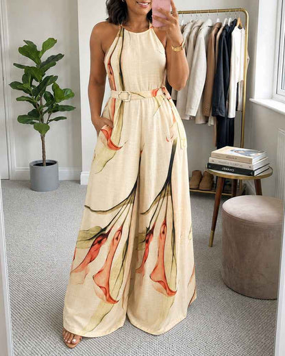 Elegant Floral Print Wide Leg Jumpsuit with Pockets & Adjustable Strap