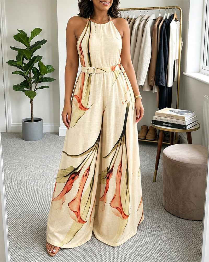 Elegant Floral Print Wide Leg Jumpsuit with Pockets & Adjustable Strap