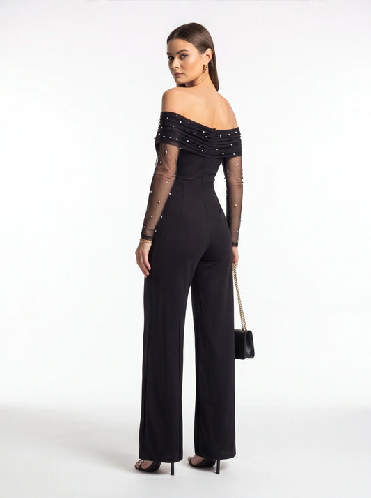 Elegant Sheer Off-Shoulder Jumpsuit with Flattering Fit & Flowing Desi - Jamota