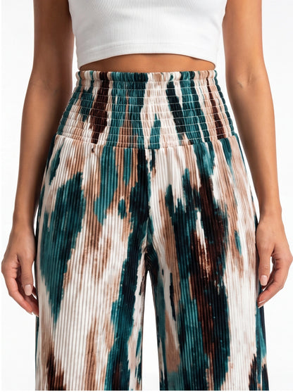 Tie Dye Pleated Wide Leg Pants with High Waist and Elastic Waistband