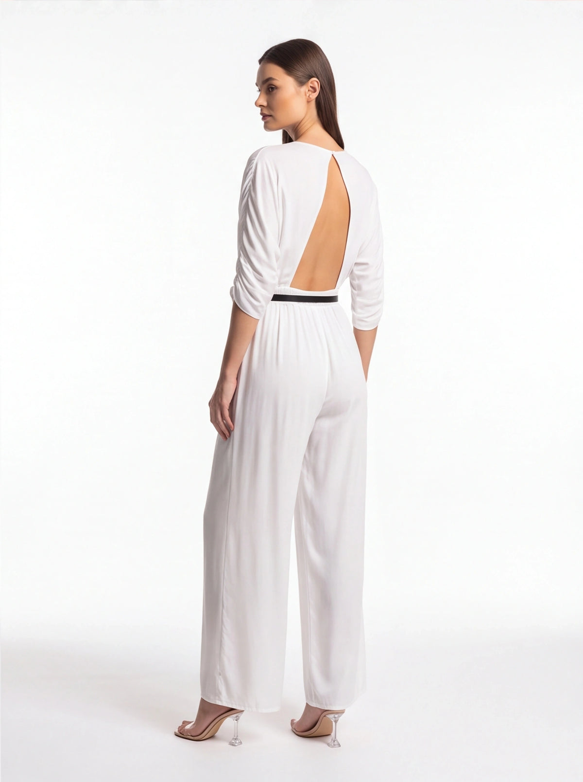 Backless Wide-Leg Jumpsuit with Ruched Waist by Jamota One-Pieces Jumpsuits