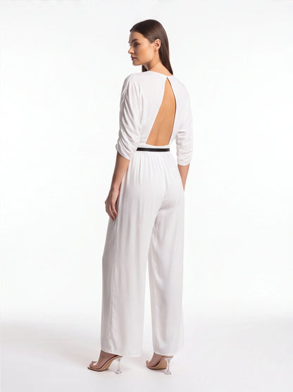Backless Wide-Leg Jumpsuit with Ruched Waist by Jamota One-Pieces Jumpsuits