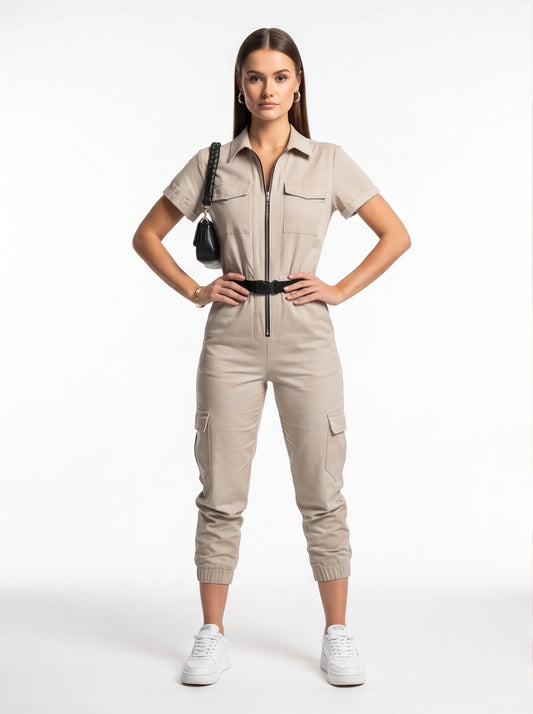 Sleek Casual Short Jumpsuit for Women with Pockets & Adjustable Straps - Jamota