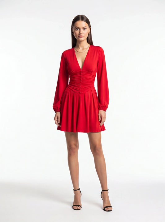 Stylish Flowy A-Line Party Dress with Elegant Sleeves & Pockets - Jamota