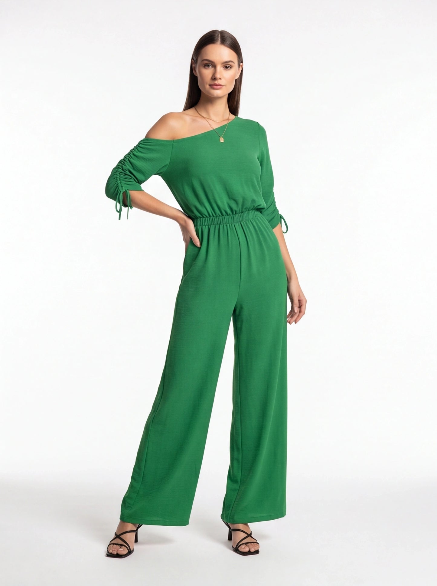 Jamota green jumpsuit with off-shoulder top, ruched left sleeve with ties, elastic waist and wide-leg pants