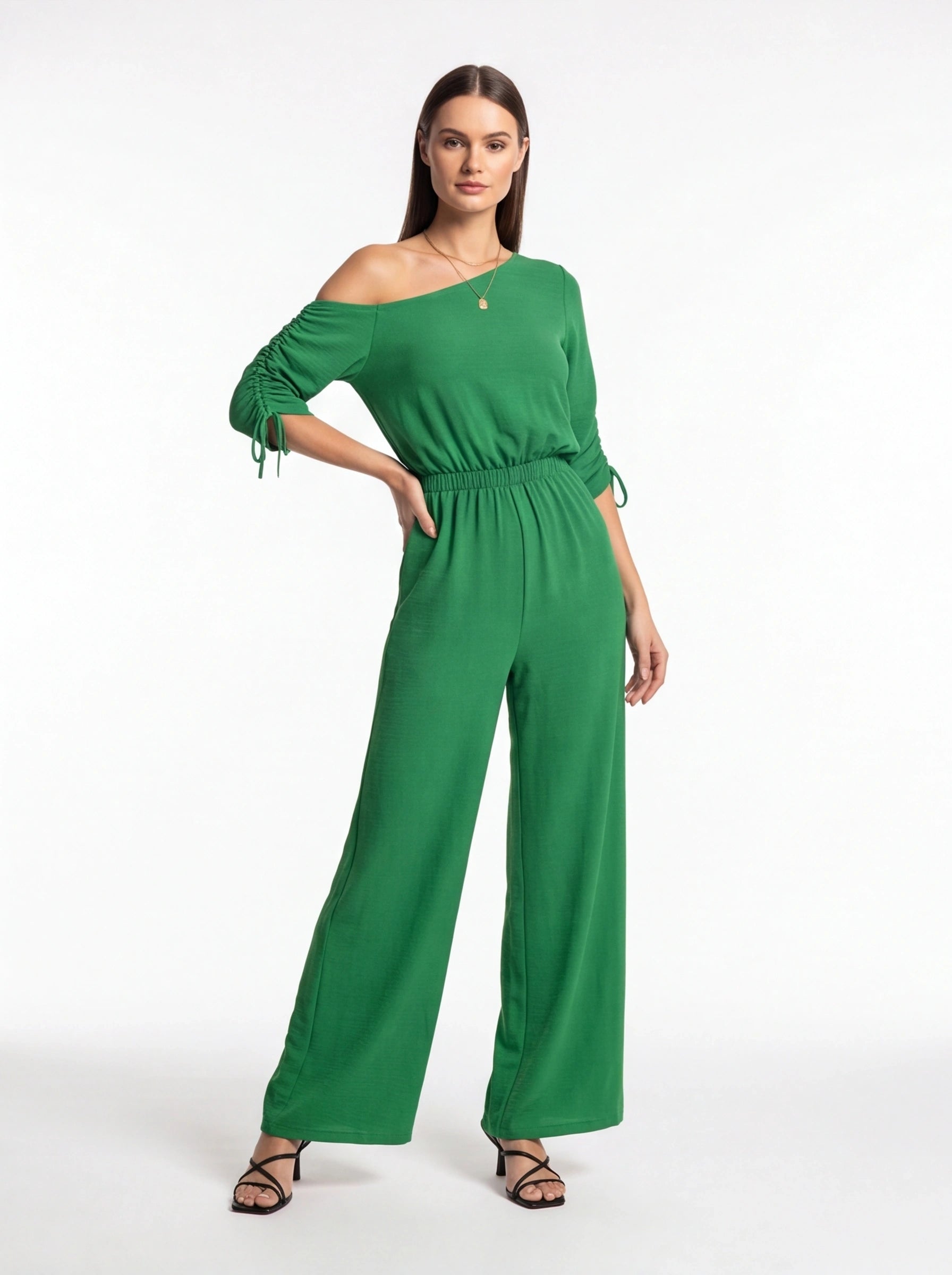 Jamota green jumpsuit with off-shoulder top, ruched left sleeve with ties, elastic waist and wide-leg pants