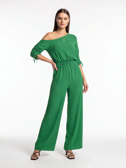 Jamota green jumpsuit with off-shoulder top, ruched left sleeve with ties, elastic waist and wide-leg pants