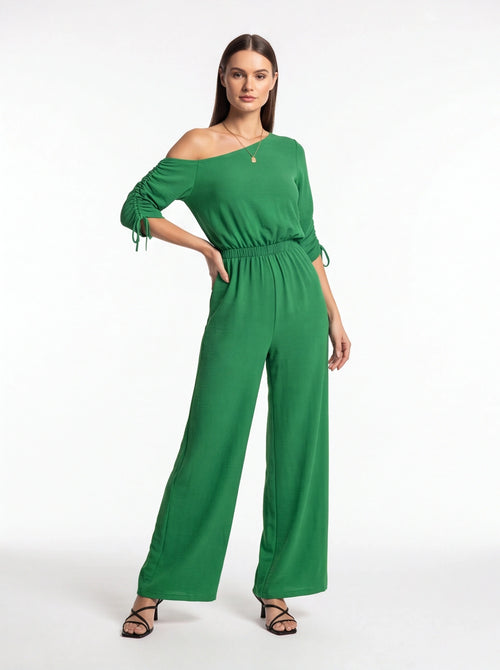 Jamota green jumpsuit with off-shoulder top, ruched left sleeve with ties, elastic waist and wide-leg pants