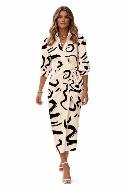 Wrap-Front Maxi Dress with Turn-Down Collar - Jamota