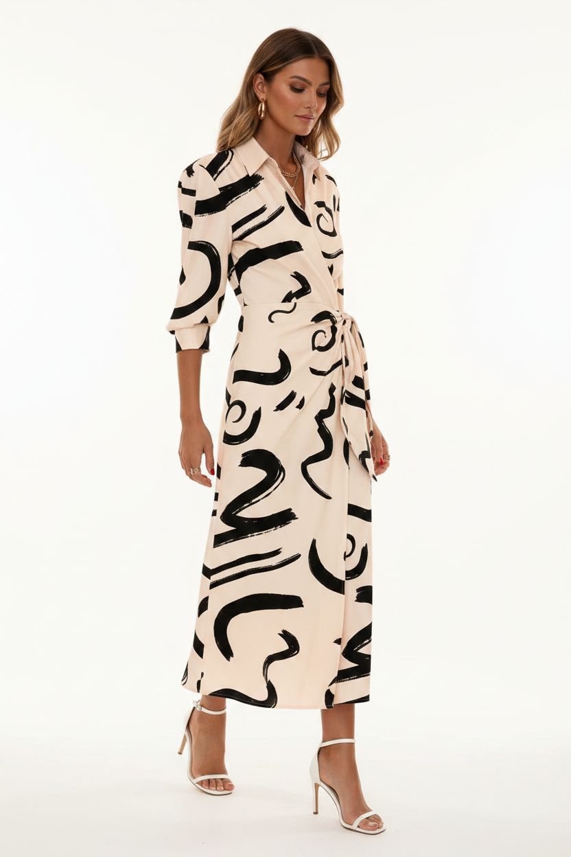Wrap-Front Maxi Dress with Turn-Down Collar - Jamota
