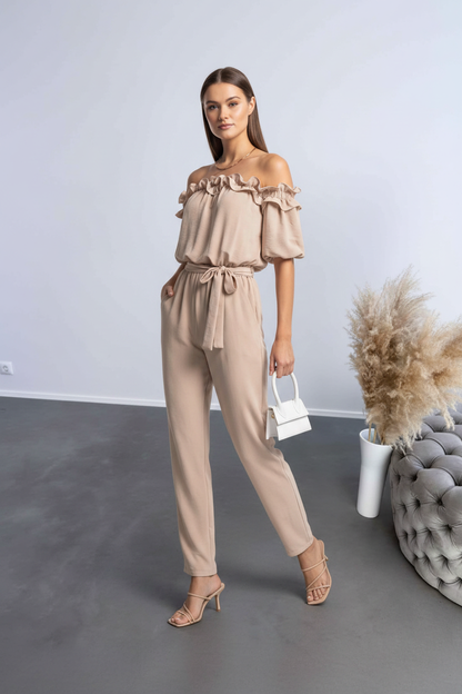 Lightweight Off-Shoulder Jumpsuit with Pockets by Jamota One-Pieces Jumpsuits