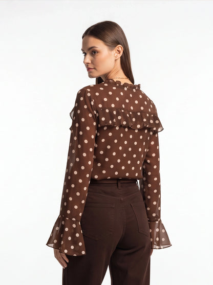 Elegant Vintage Polka Dot Blouse with Soft Fabric and Button Detail by Jamota Blouses Blouses