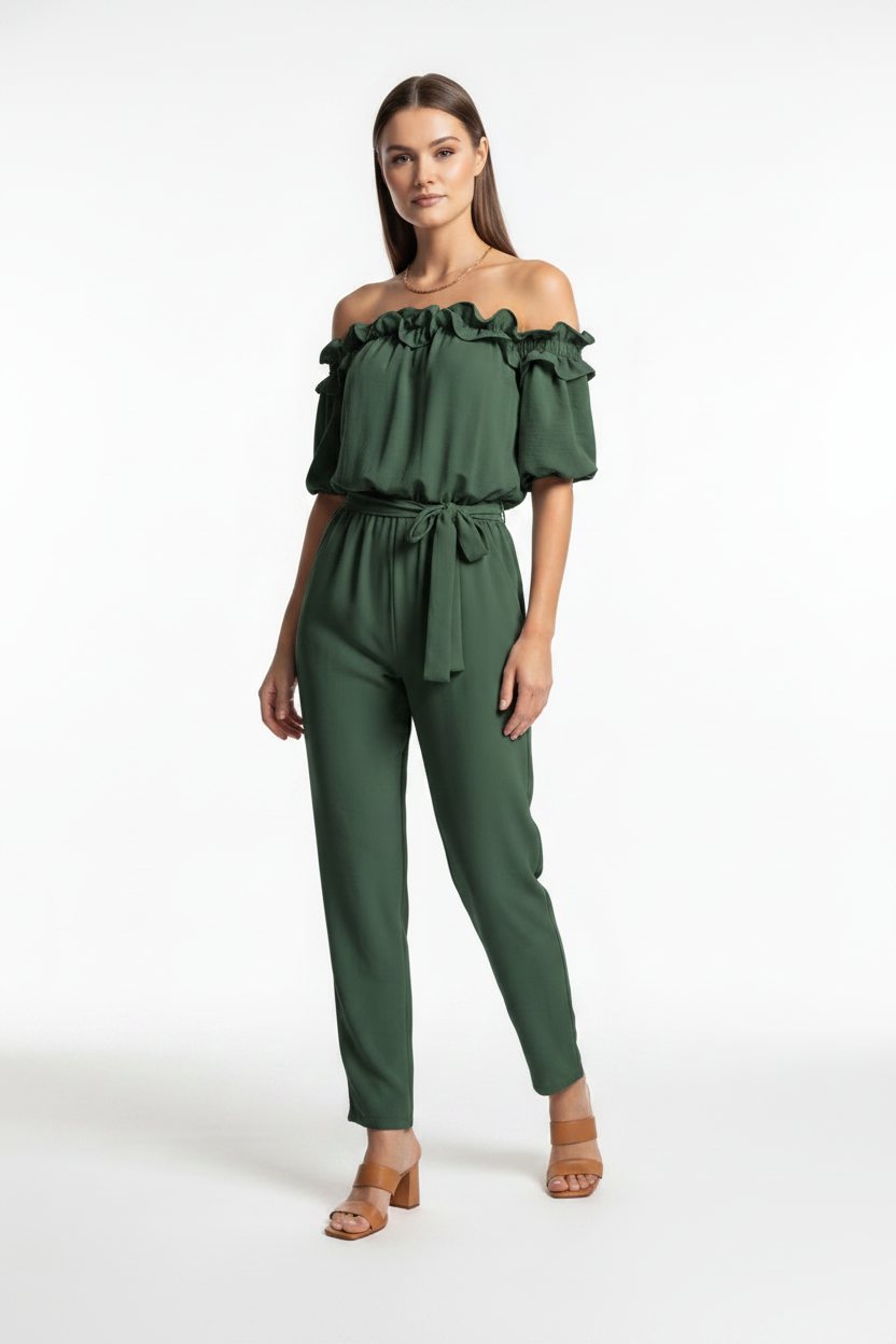 Off-Shoulder Jumpsuit with Frill Trim and Pockets by Jamota One-Pieces Jumpsuits