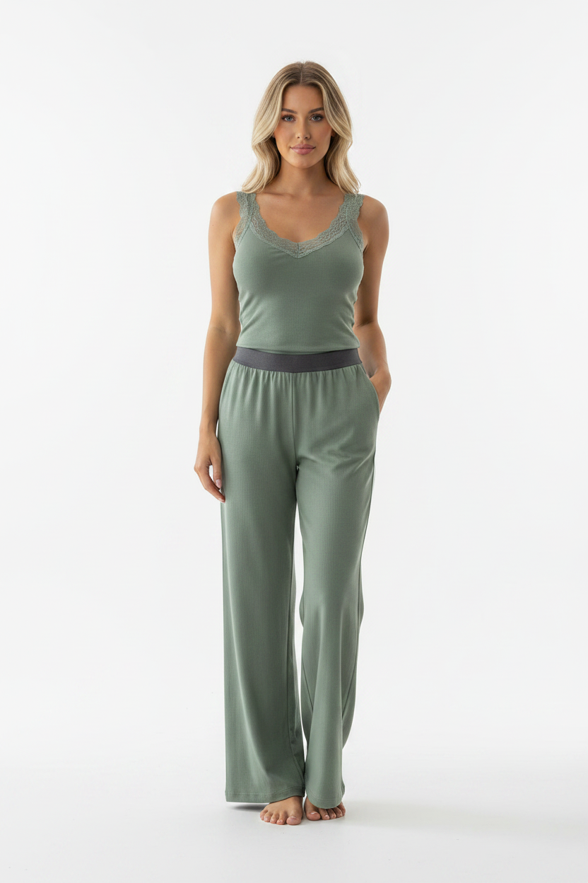 Women's Ribbed Pajama Set with Lace Accents | Soft & Comfortable Loung by Jamota Pajamas Women's Sleepwear & Loungewear