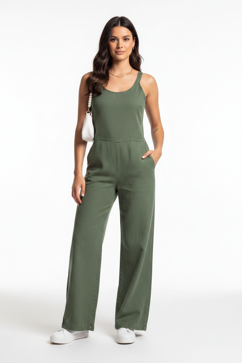 Wide-Leg Denim Jumpsuit with Adjustable Straps - Jamota