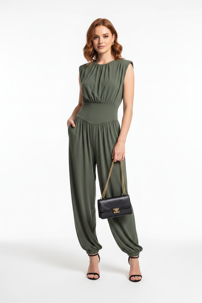 Elegant Casual Ruched Jumpsuit with Adjustable Straps & Pockets - Jamota