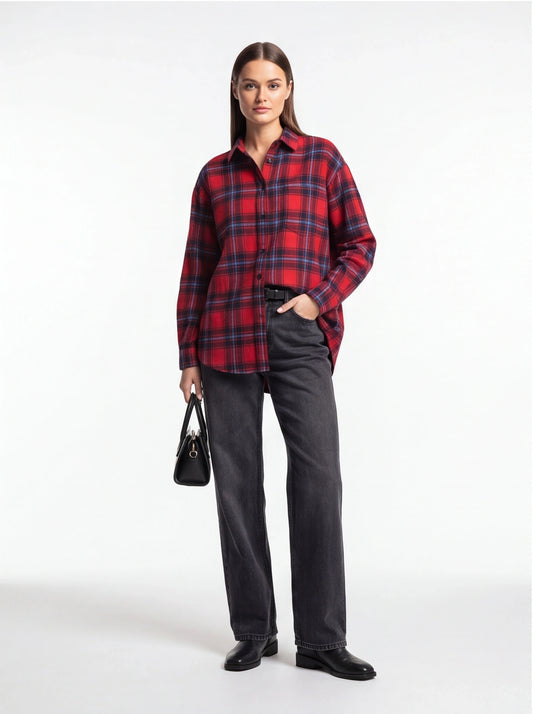 Stylish Oversized Red Plaid Shirt | Soft Fabric & Comfortable Fit - Jamota