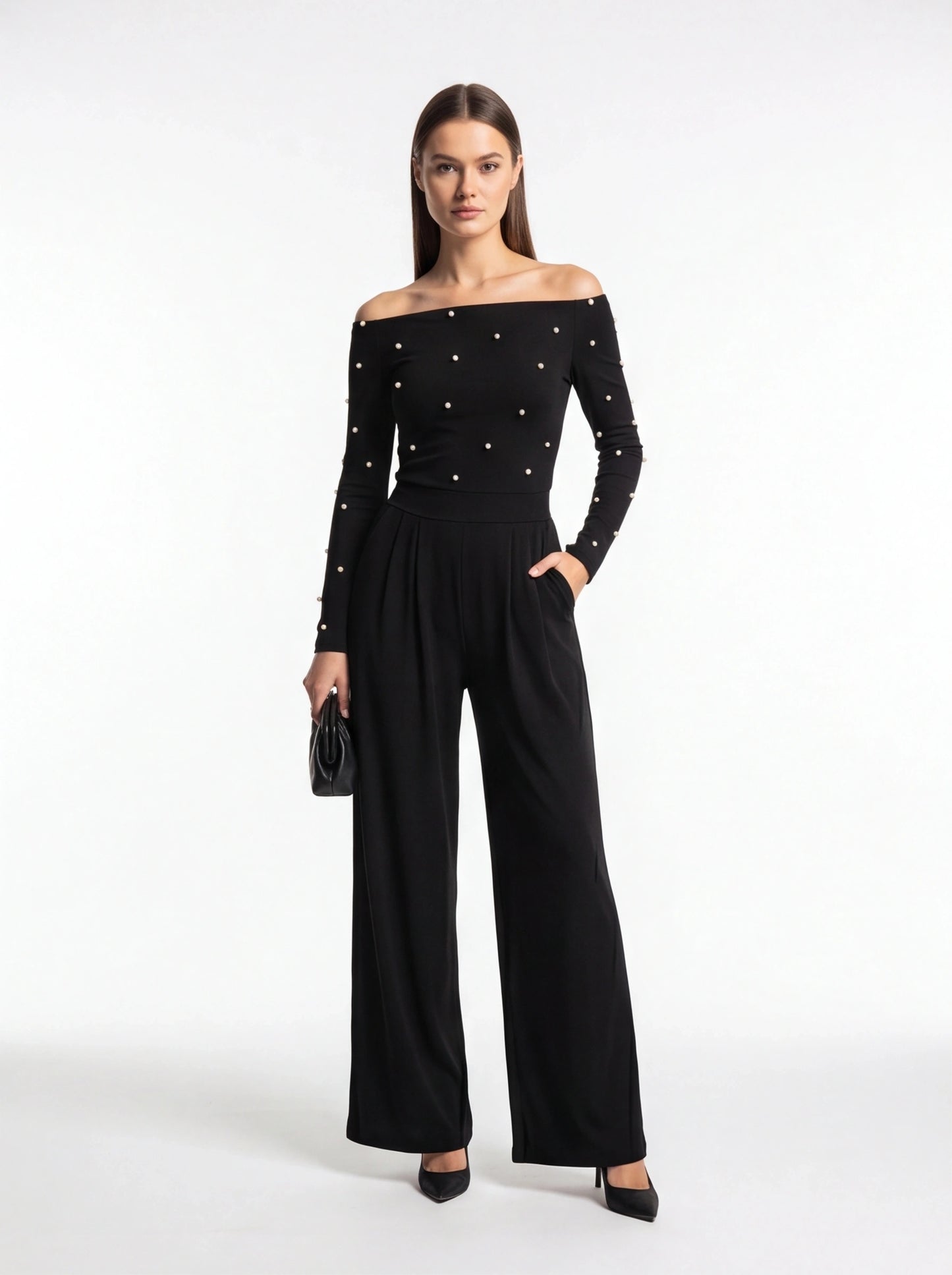 Jamota black women's off-shoulder jumpsuit with pearl embellishments on bodice and sleeves, wide-leg pants
