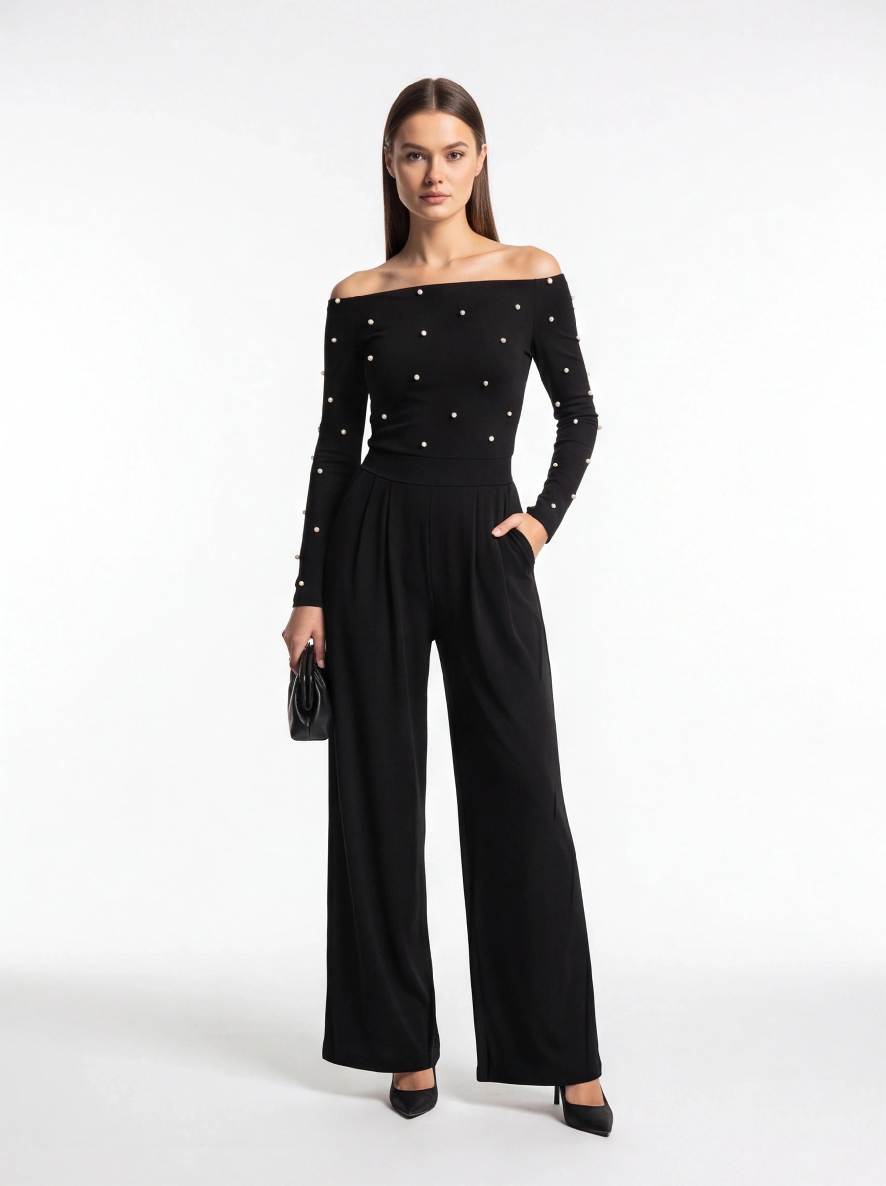 Jamota black women's off-shoulder jumpsuit with pearl embellishments on bodice and sleeves, wide-leg pants