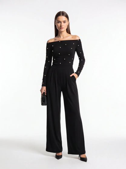 Jamota black women's off-shoulder jumpsuit with pearl embellishments on bodice and sleeves, wide-leg pants