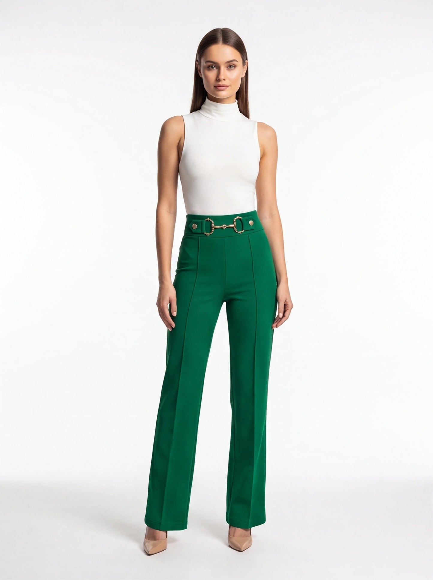 High Waist Casual Straight Leg Work Pants with Metal Button Detail