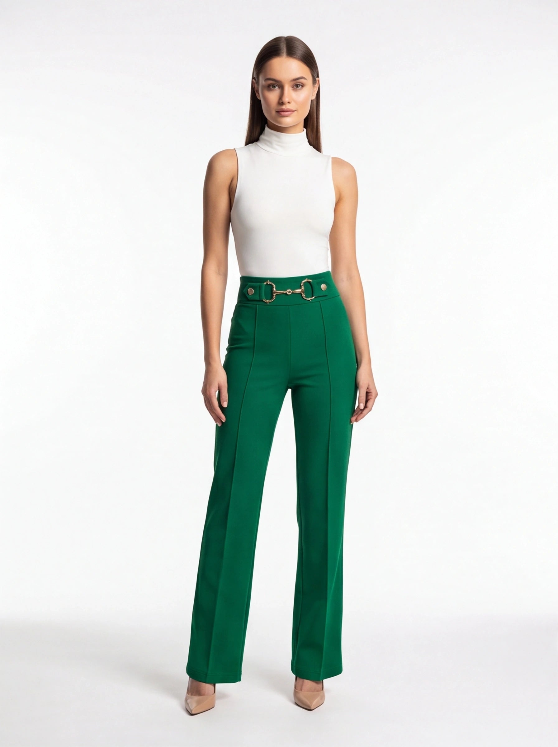 High Waist Casual Straight Leg Work Pants with Metal Button Detail