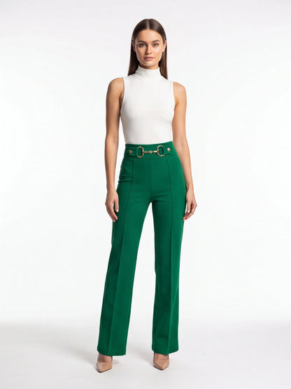 High Waist Casual Straight Leg Work Pants with Metal Button Detail