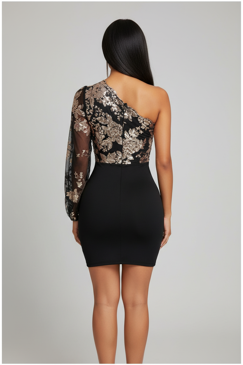 Floral Sequin Bodycon Dress with One-Shoulder Sleeve - Jamota