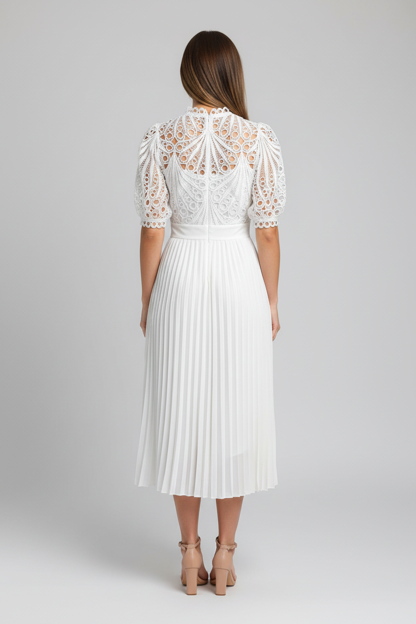 Pleated Lace Midi Dress with Puff Sleeves - Jamota