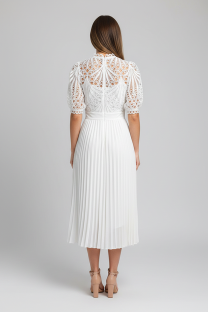 Pleated Lace Midi Dress with Puff Sleeves - Jamota