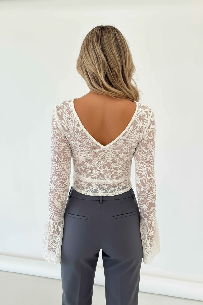 Elegant Romantic Lace Women's Top with Sheer Sleeves and Soft Lining by Jamota Blouses Women's Tops