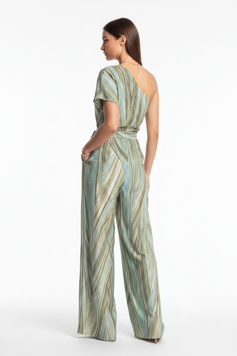 Elegant Abstract Print Wide Leg Jumpsuit with Pockets and Belted Waist - Jamota