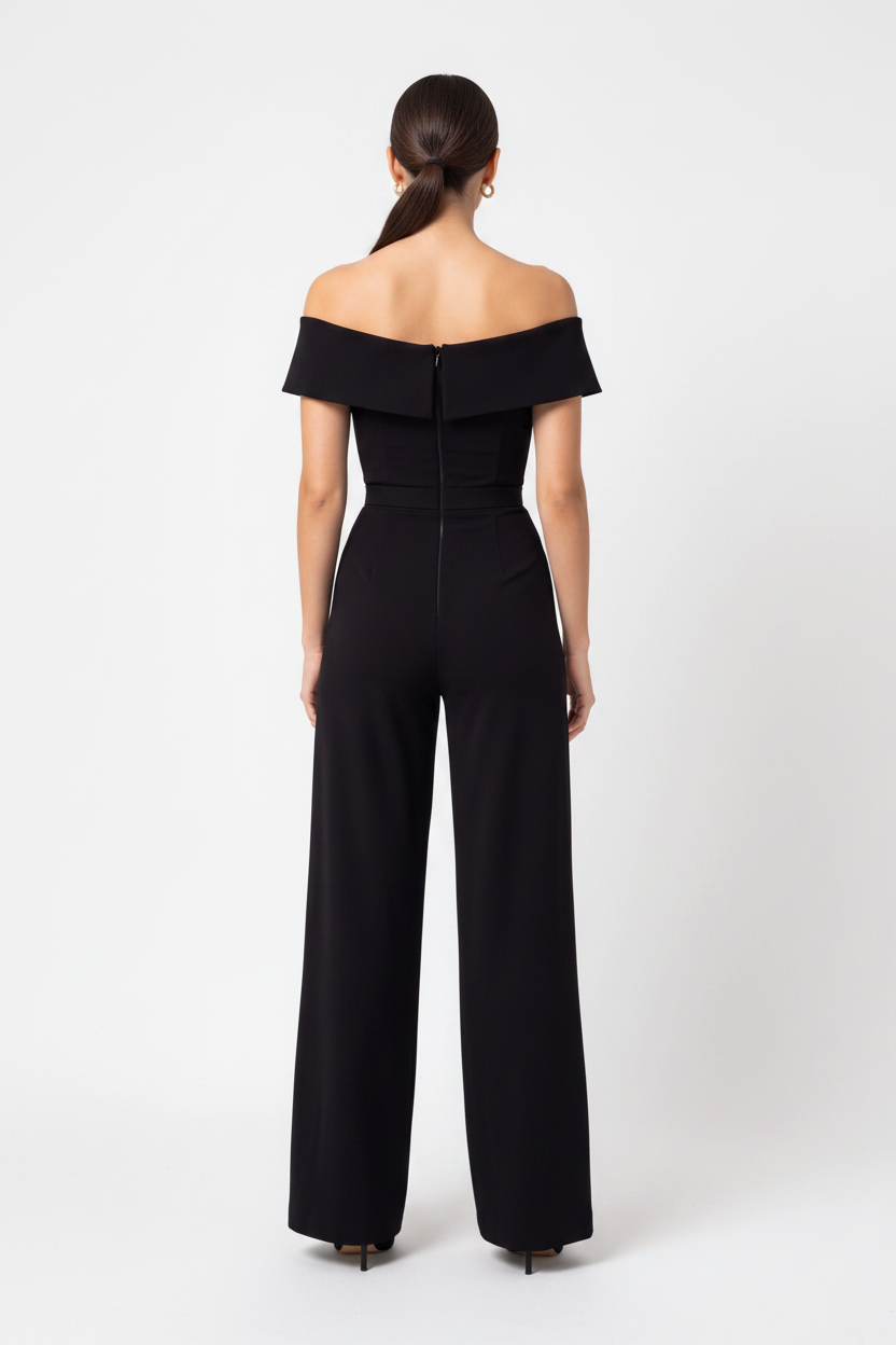 Elegant Black Off-Shoulder Wide-Leg Jumpsuit with Belt - Jamota