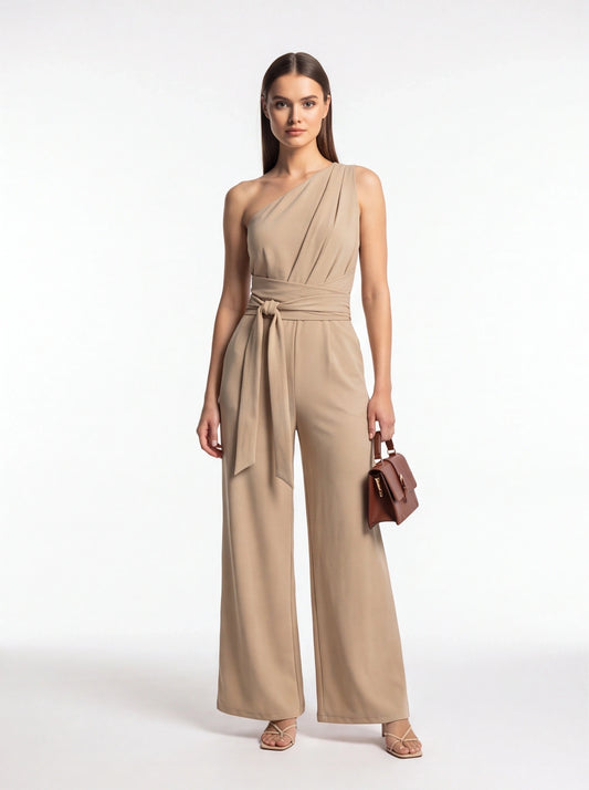 Elegant Asymmetric Wide-Leg Jumpsuit with Pockets & Adjustable Straps by Jamota One-Pieces Jumpsuits