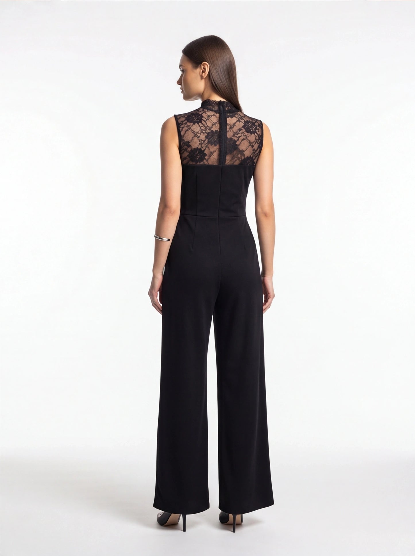 Jamota black jumpsuits & rompers with sleeveless lace back panel and wide-leg silhouette