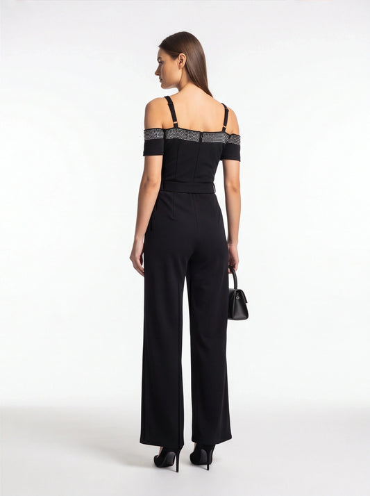 Elegant Cold Shoulder Jumpsuit with Pockets and Adjustable Straps - Jamota