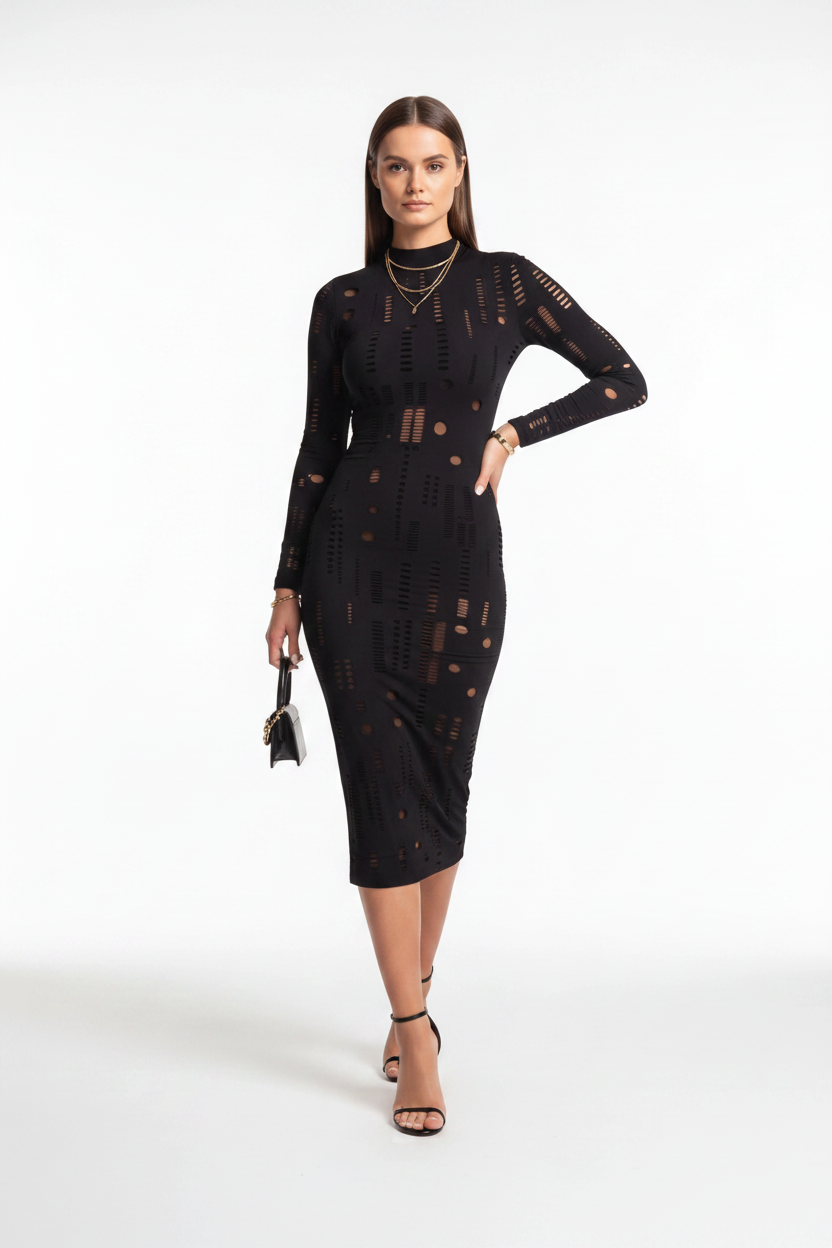 Mock Neck Bodycon Dress with Hollow-Out Panels - Jamota
