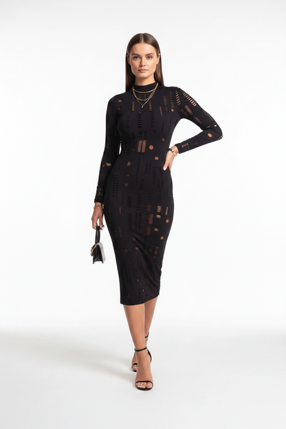 Mock Neck Bodycon Dress with Hollow-Out Panels - Jamota