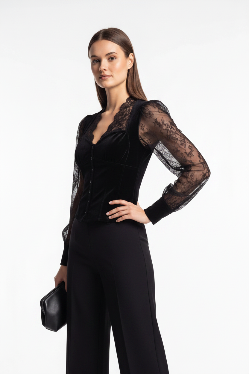 Elegant Sheer Lace Blouse for Women - Long Sleeve, Lightweight Design by Jamota Blouses Blouses