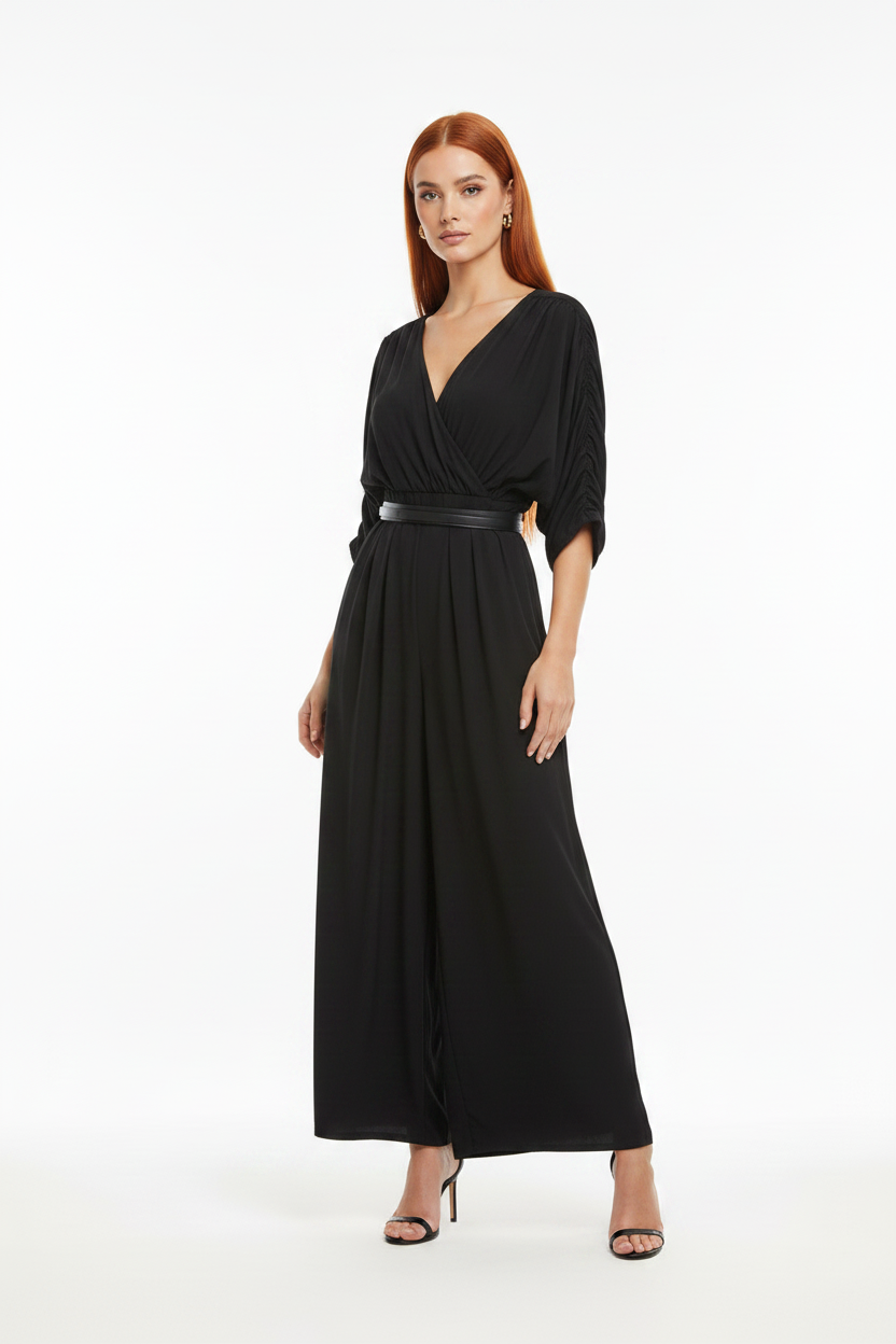 Backless Wide-Leg Jumpsuit with Ruched Waist by Jamota One-Pieces Jumpsuits