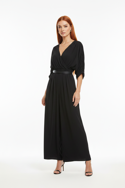 Backless Wide-Leg Jumpsuit with Ruched Waist by Jamota One-Pieces Jumpsuits