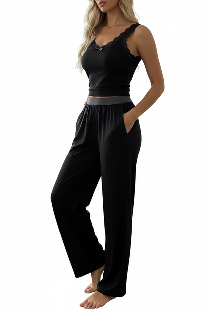 Women's Ribbed Pajama Set with Lace Accents | Soft & Comfortable Loung by Jamota Pajamas Women's Sleepwear & Loungewear