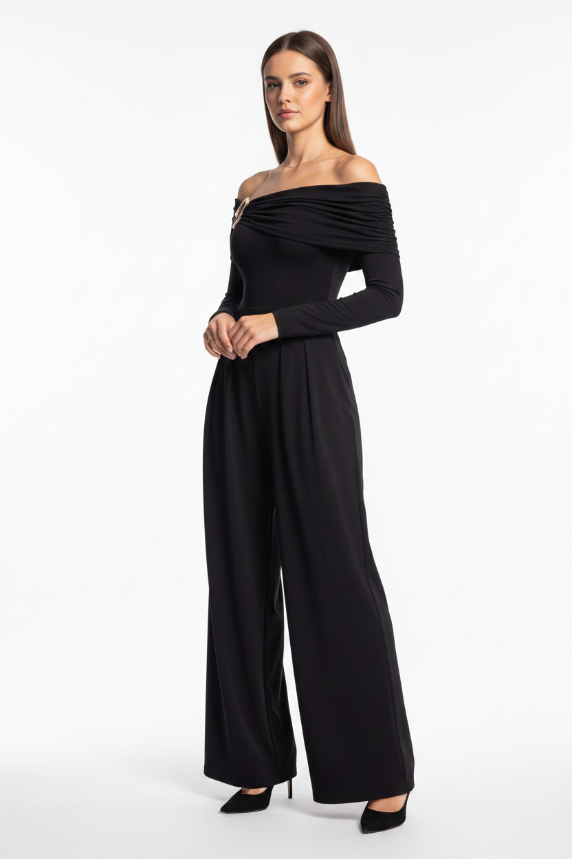 Elegant Off-Shoulder Dressy Jumpsuit for Women with Pockets & Belt - Jamota