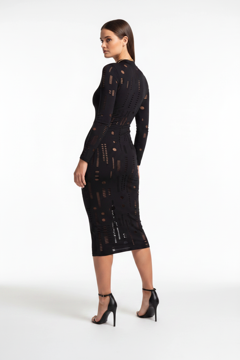 Mock Neck Bodycon Dress with Hollow-Out Panels - Jamota