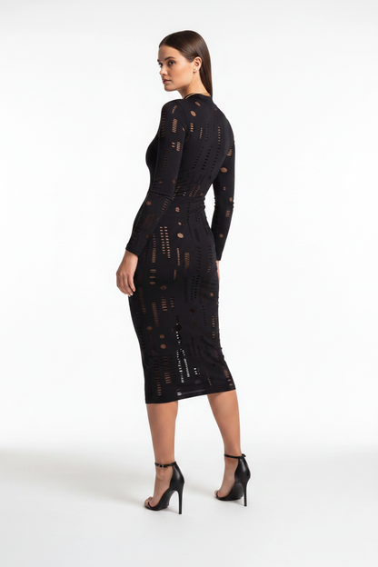 Mock Neck Bodycon Dress with Hollow-Out Panels - Jamota
